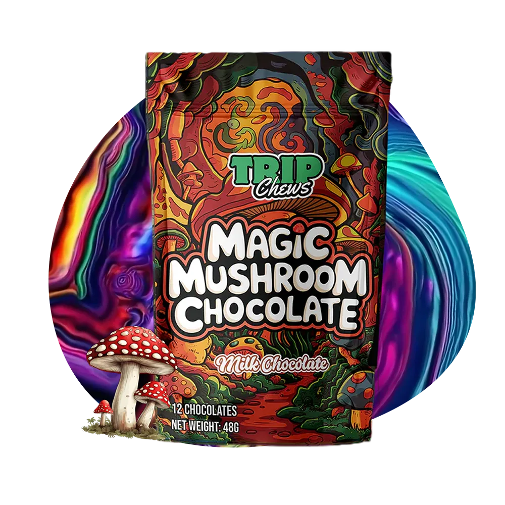 Colorful packaging of Trip Chews Magic Mushroom Chocolate with mushroom illustration on a white background