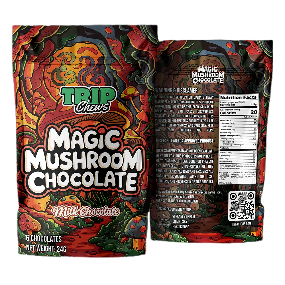 Milk chocolate packaging with colorful design and Trip Chews branding.