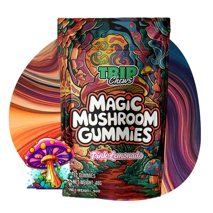 Colorful packaging of Trip Chews Magic Mushroom Gummies with psychedelic design.