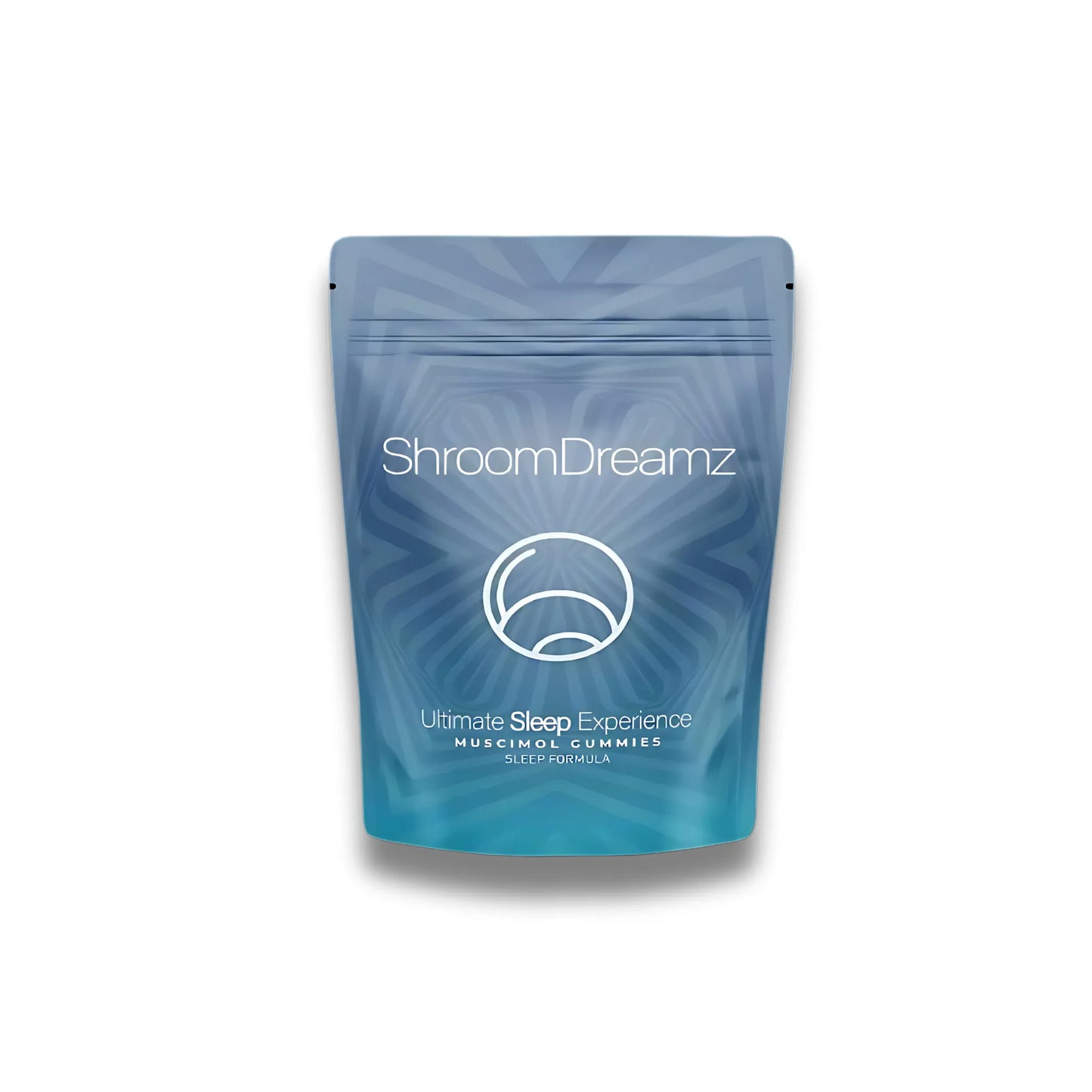 Blue packaging of ShroomDreamz with a white logo and text on a light gray background