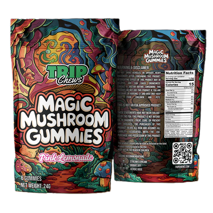 Colorful packaging of Trip Chews Magic Mushroom Gummies with psychedelic design on a white background.