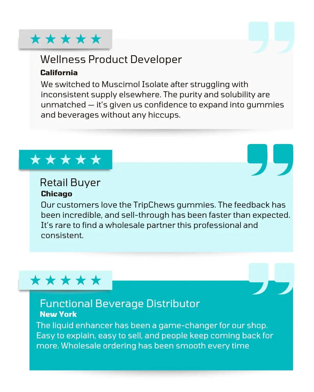 Reviews from a wellness product developer, retail buyer, and functional beverage distributor on a white background.
