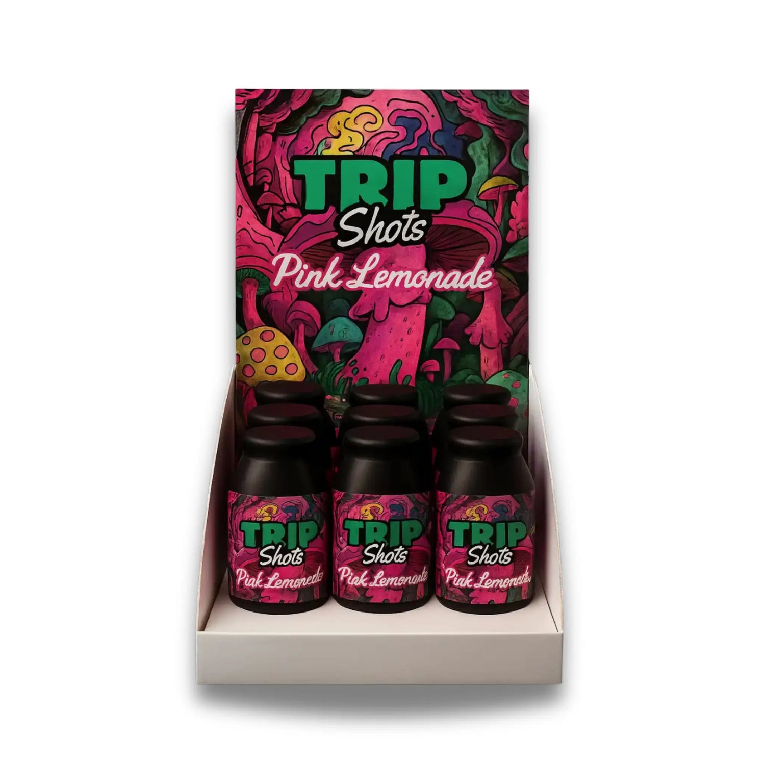 Muscimol Isolate Wholesale homepage Pack of 'Trip Shots Pink Lemonade' with colorful packaging on a white background