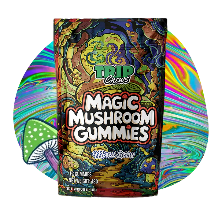 Colorful packaging of TRIP Chews Magic Mushroom Gummies on a white background