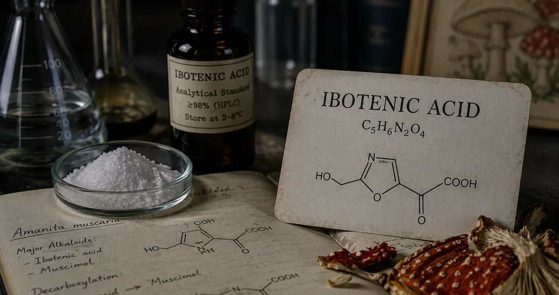 Ibotenic acid with a chemical structure diagram on a piece of paper, surrounded by laboratory equipment.