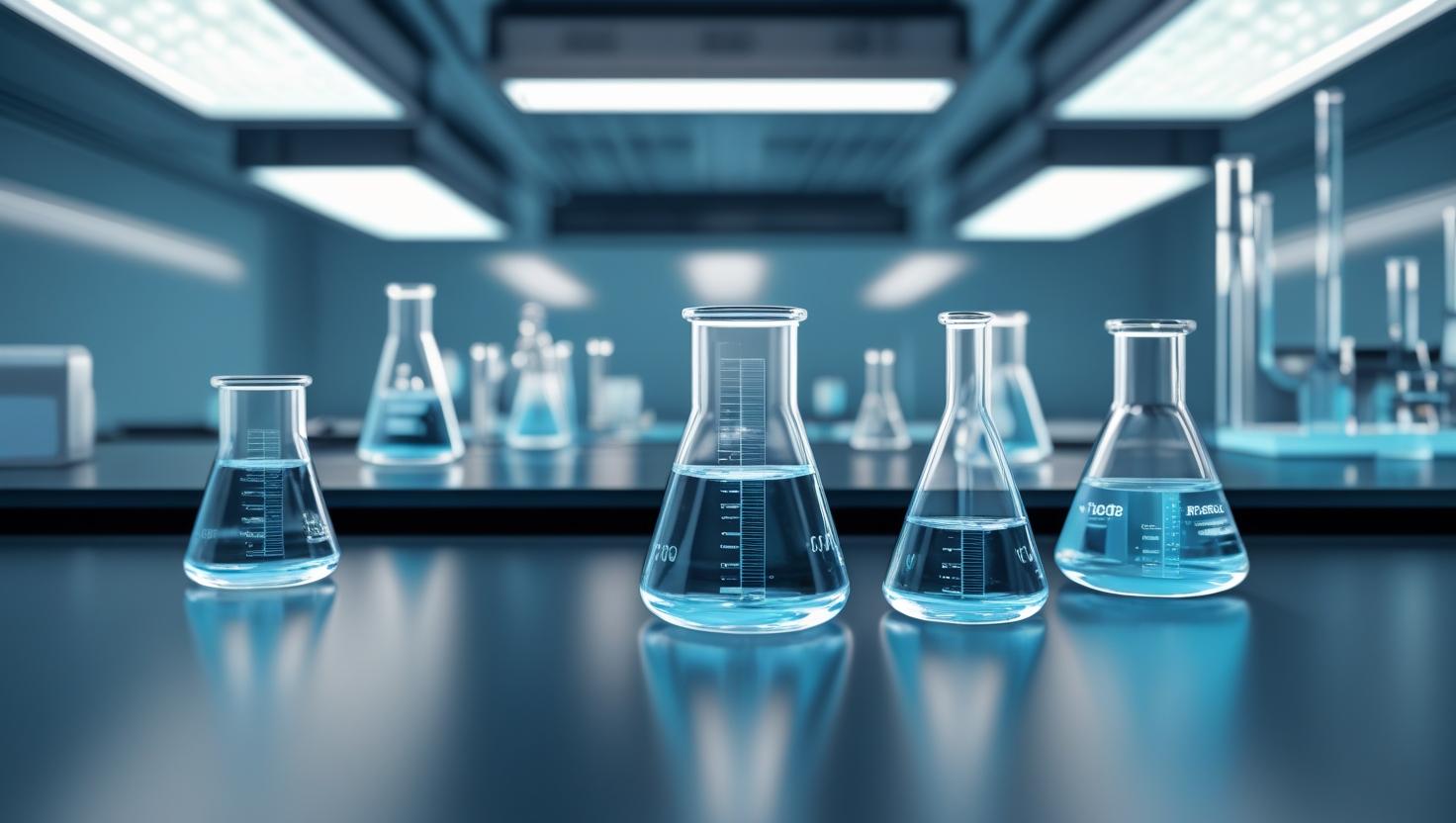 Laboratory setting with beakers containing blue liquid on a reflective surface.