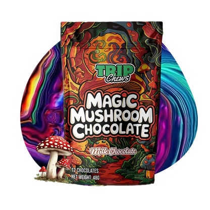 Colorful packaging of Trip Chews Magic Mushroom Chocolate with mushroom illustration on a white background