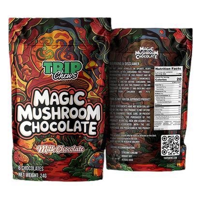 Milk chocolate packaging with colorful design and Trip Chews branding.
