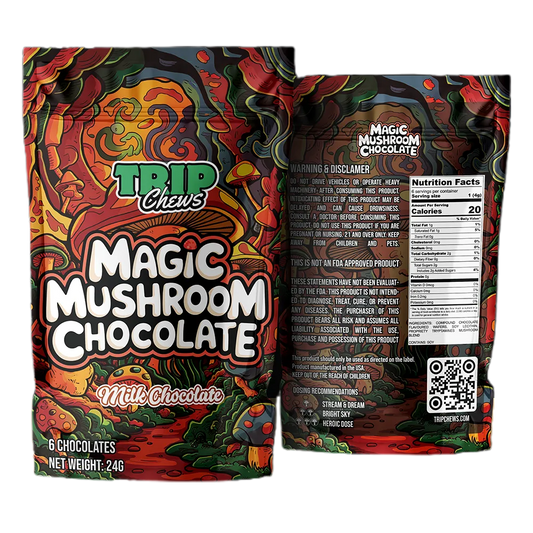 Milk chocolate packaging with colorful design and Trip Chews branding.