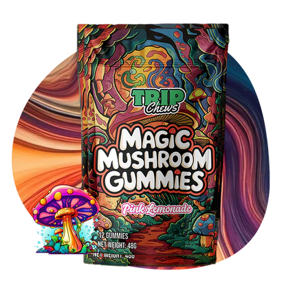 Colorful packaging of Trip Chews Magic Mushroom Gummies with psychedelic design.