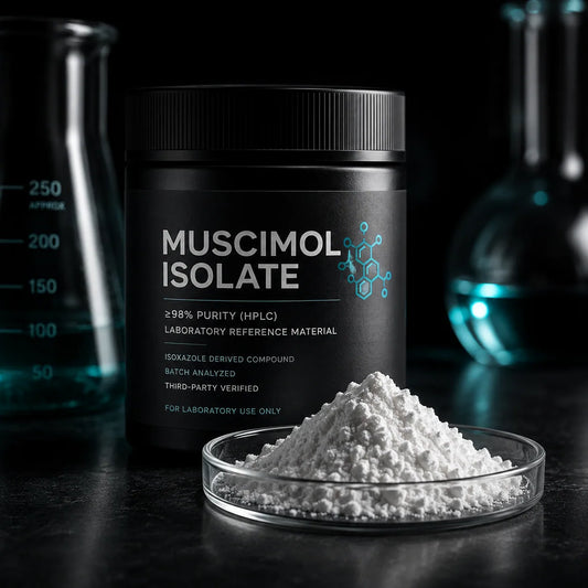 Muscimol Isolate container with white powder in a glass dish on a dark background