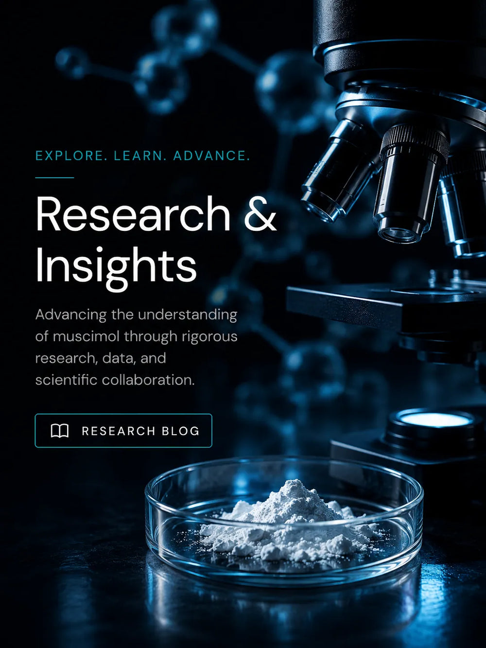 Microscope with a glass slide containing white powder, set against a dark background with text about research and collaboration.