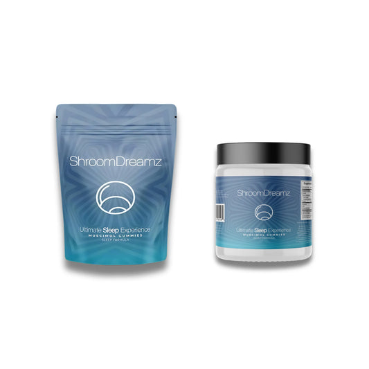 ShroomDreamz product packaging including a blue pouch and jar on a white background