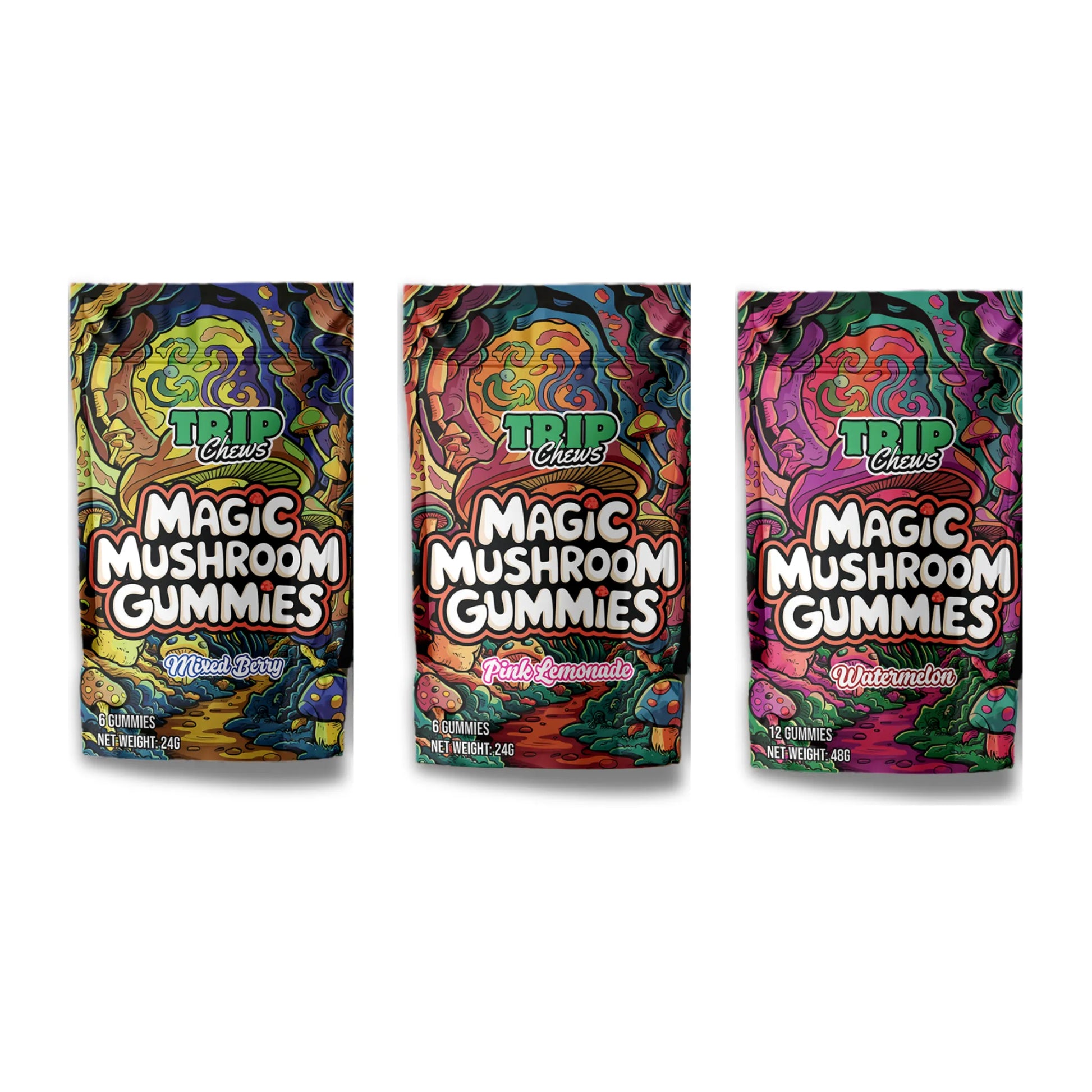 Three packages of Trip Chews Magic Mushroom Gummies on a white background