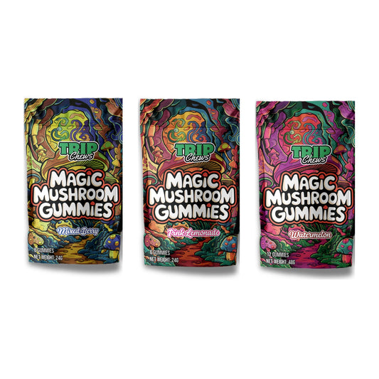 Three packages of Trip Chews Magic Mushroom Gummies on a white background