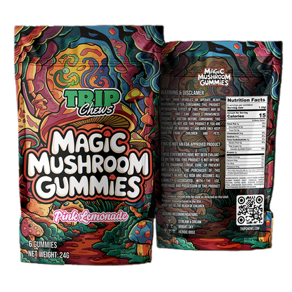 Colorful packaging of Trip Chews Magic Mushroom Gummies with psychedelic design on a white background.