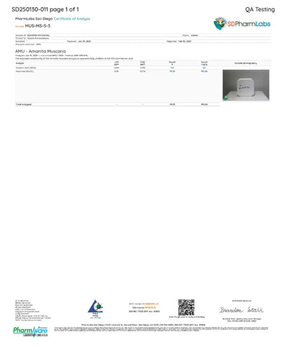 Certificate of Analysis from SDPharmLabs with a product image on a white background