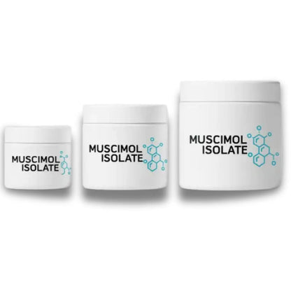 Three containers labeled 'Muscimol Isolate' on a white background