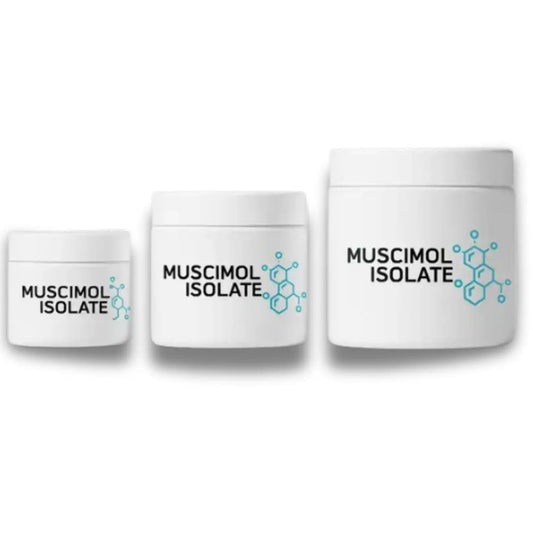 Three containers labeled 'Muscimol Isolate' on a white background