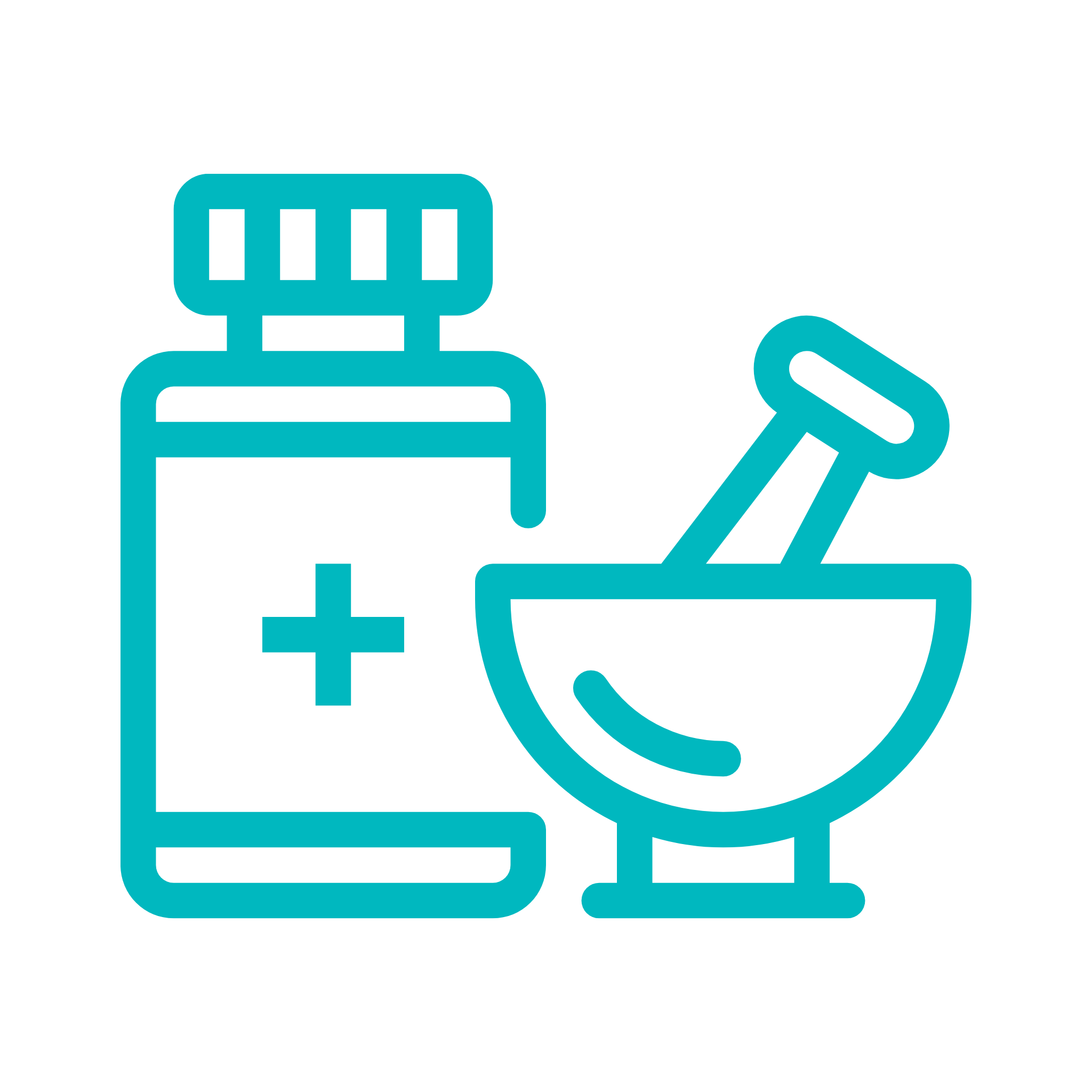 Icon of a pill bottle and mortar and pestle on a white background