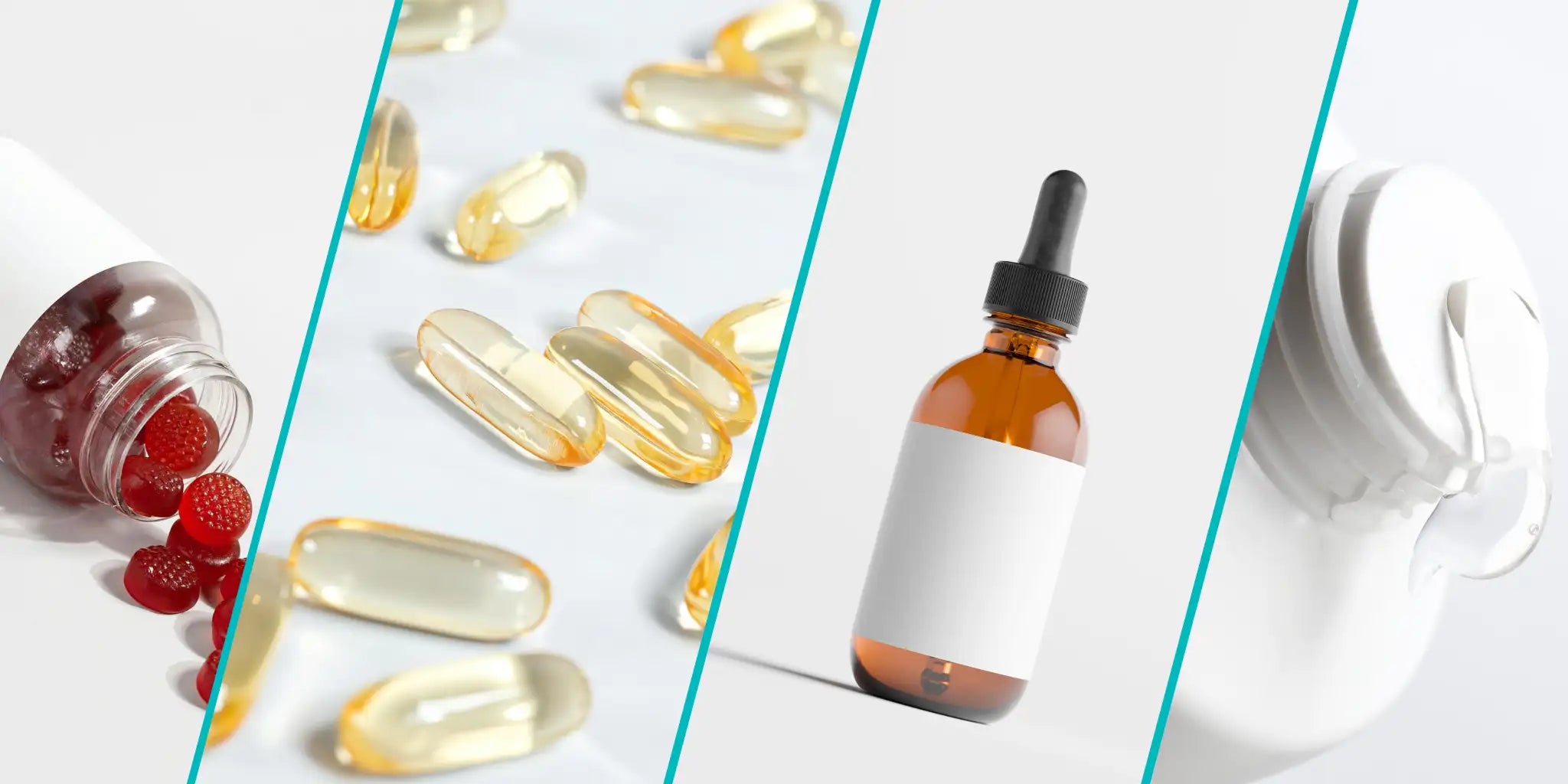 Supplement capsules, a dropper bottle, and a jar with red berries on a white background.