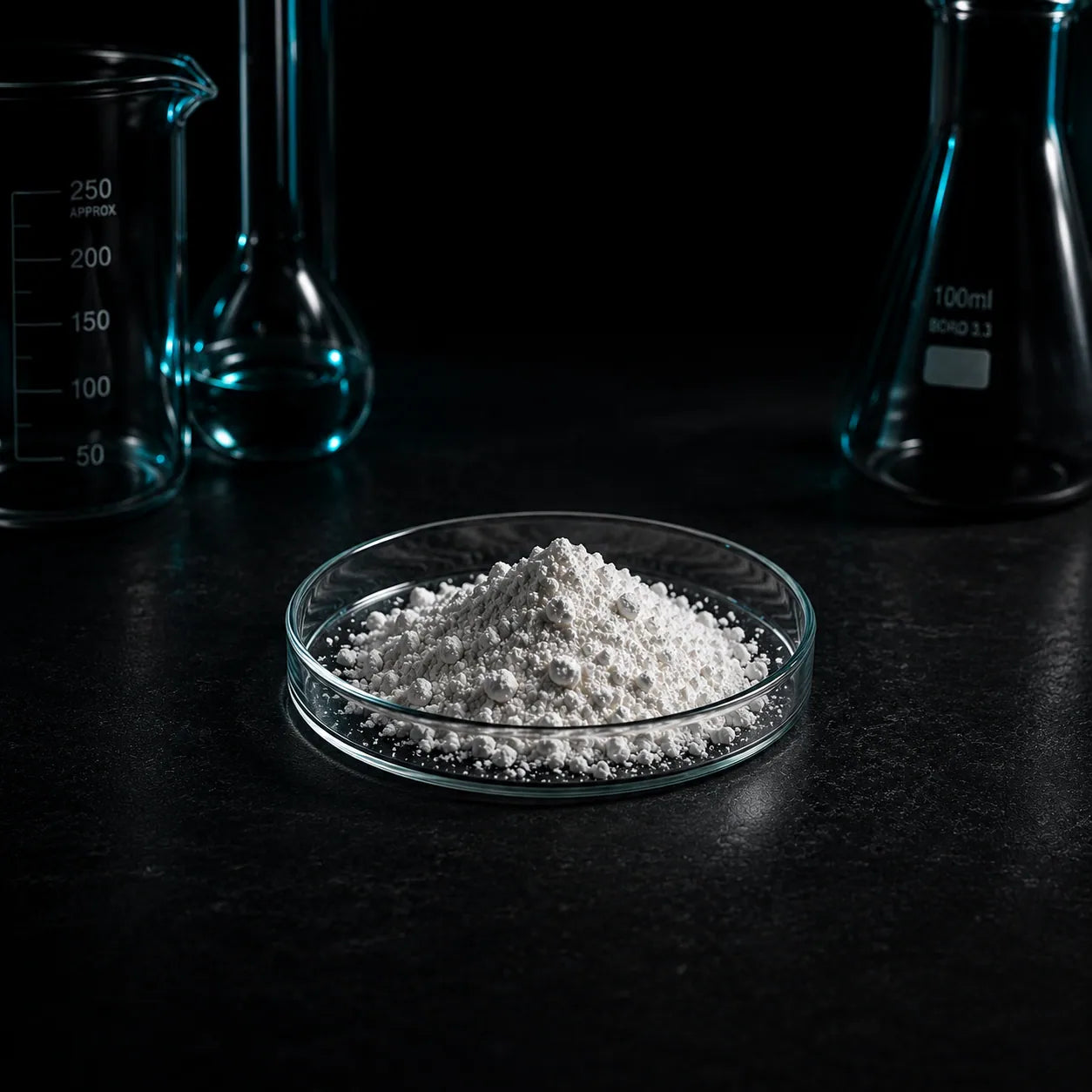 muscimol isolate in a glass dish on a dark background