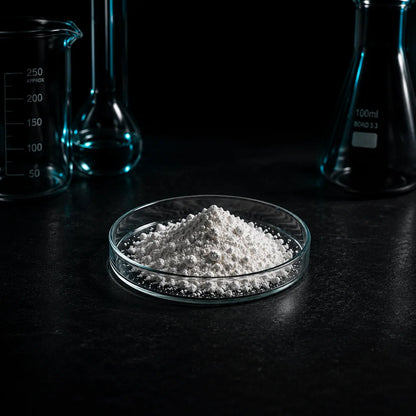 muscimol isolate in a glass dish on a dark background