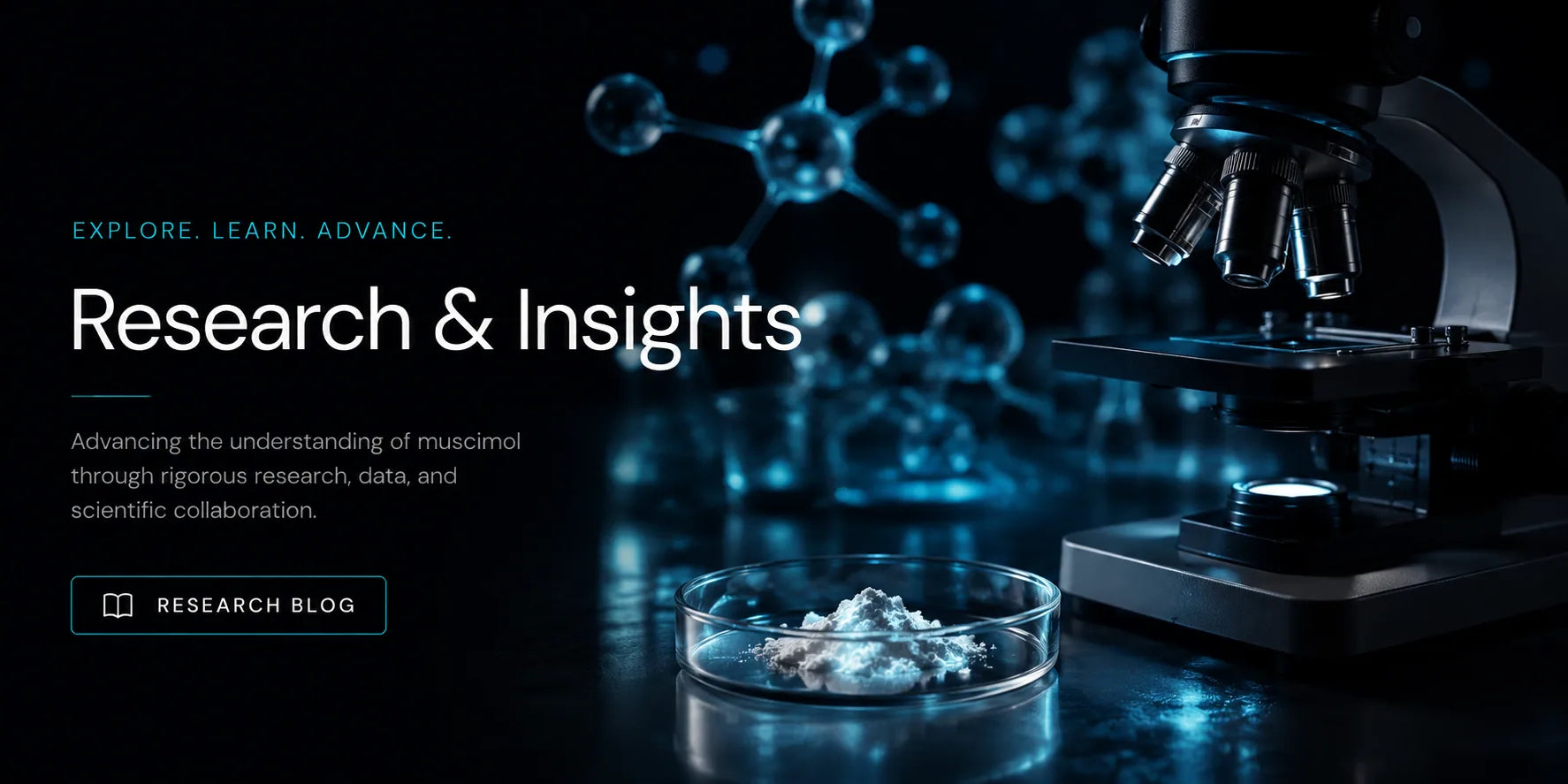 Microscope and glass container with powder on a dark background with molecular structures.