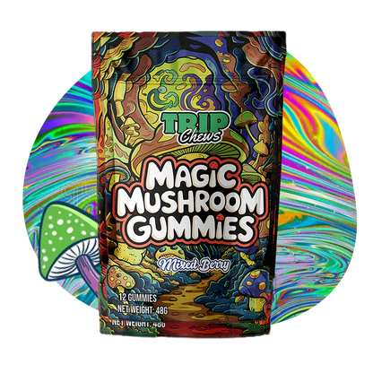 Colorful packaging of TRIP Chews Magic Mushroom Gummies on a white background